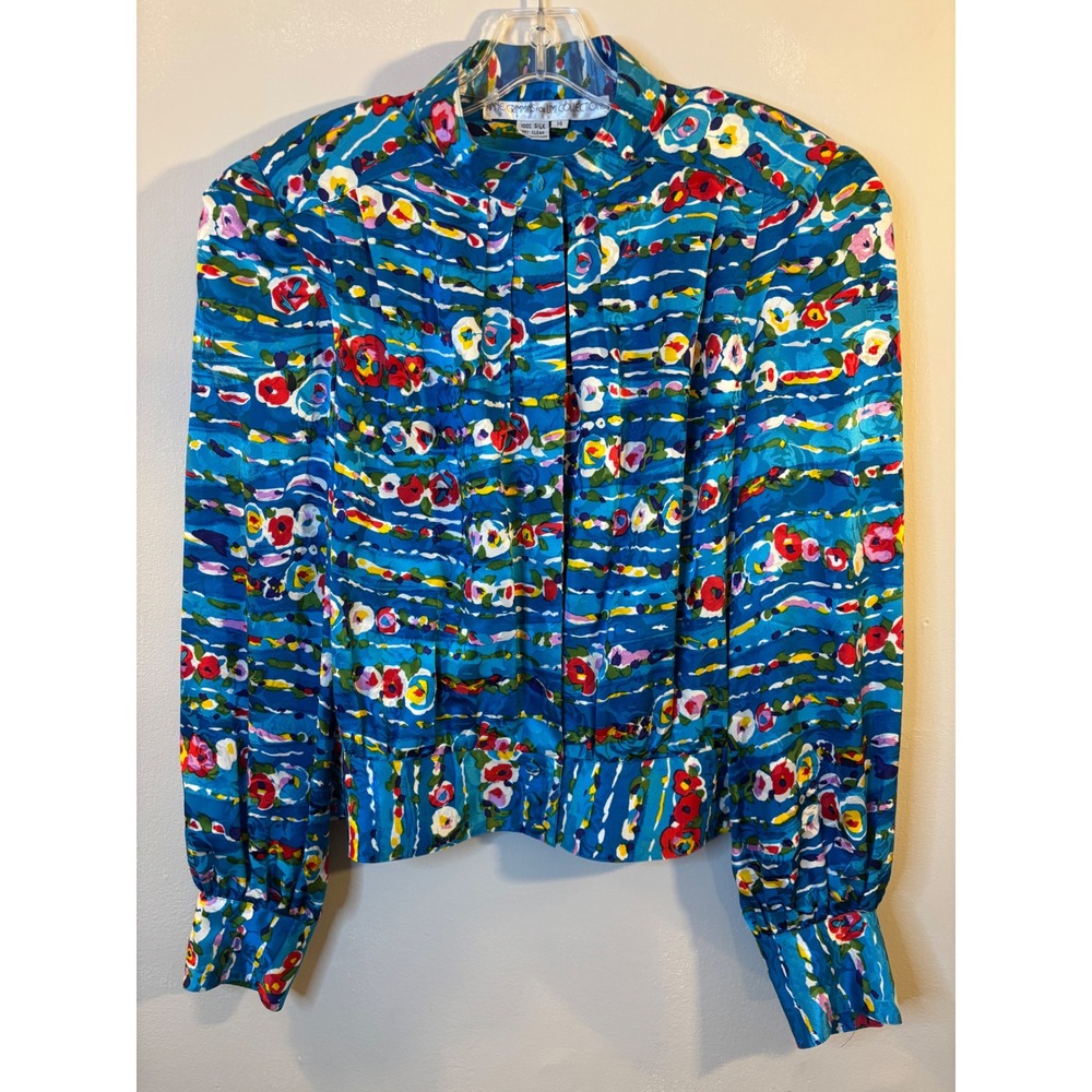 Anne Crimmins for Umi Collections Bright Blue Silk Floral Blouse 14 Vintage 80's